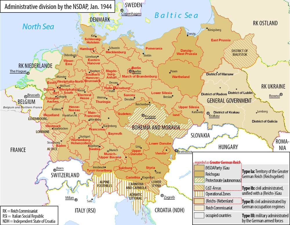 Mapa del Gran Reich Alemán con divisiones administrativas establecidas por el Partido Nazi, 1944. Bennet Schulte - Wikimedia.