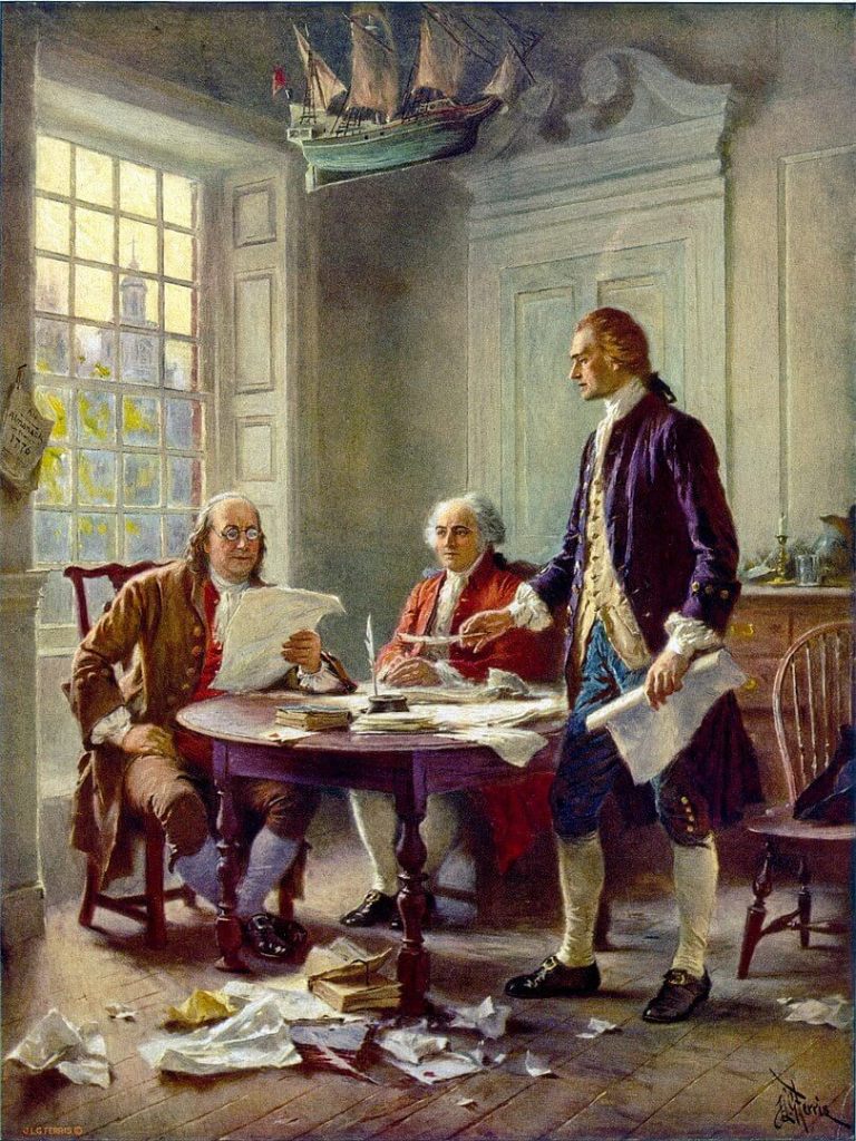 Aparecen (de izquierda a derecha) Franklin, Adams y Jefferson trabajando en la Declaración de independencia de Estados Unidos. Imagen: Jean Leon Gerome Ferris.