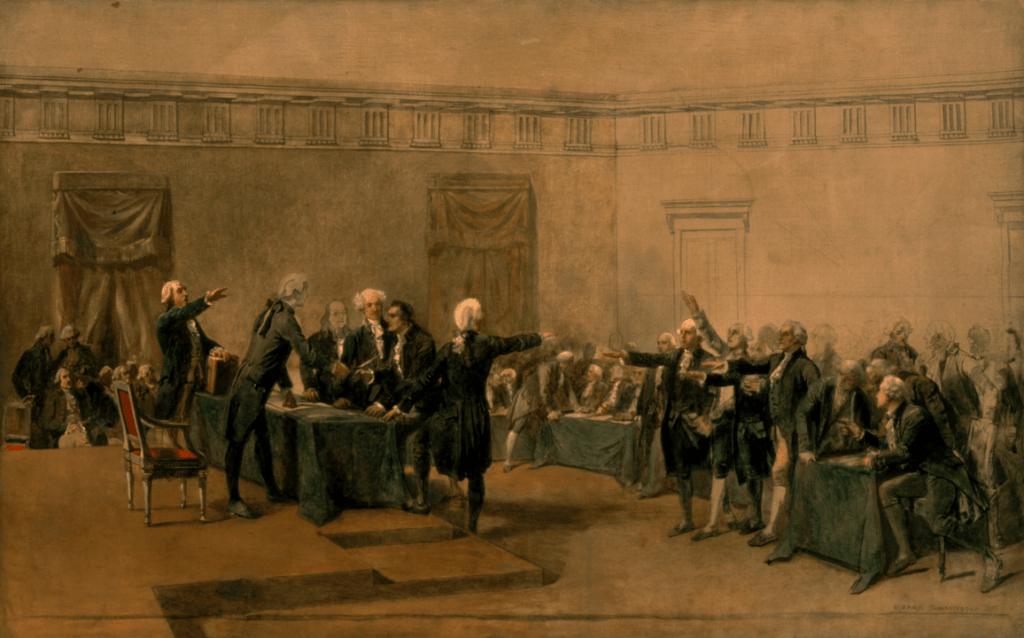 La declaración de Independencia de los Estados Unidos de América, por Armand-Dumaresq, (c. 1873) cuadro que se encuentra en la Casa Blanca desde finales de los años 80.