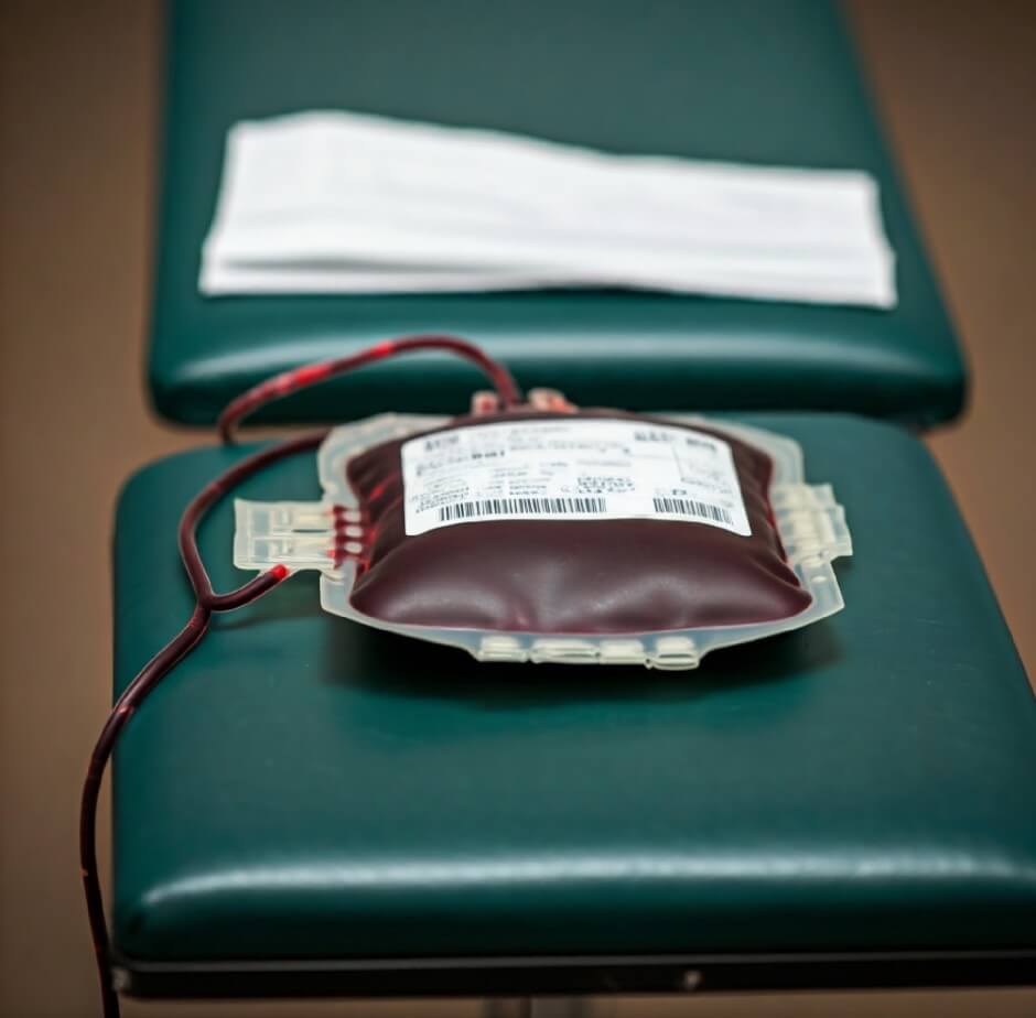 Cantidad-de-sangre-en-el-cuerpo-humano.-Donacion-sangre. Bolsa de sangre en camilla. Foto: Gemini