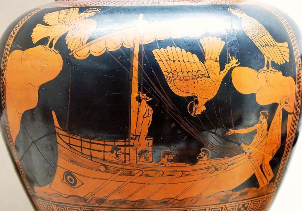 Origen de las sirenas. Ulises y las sirenas (cerámica ática, 480–470 a. C., Museo Británico).