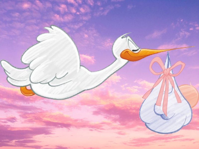 Ilustración, cigüeña con niño