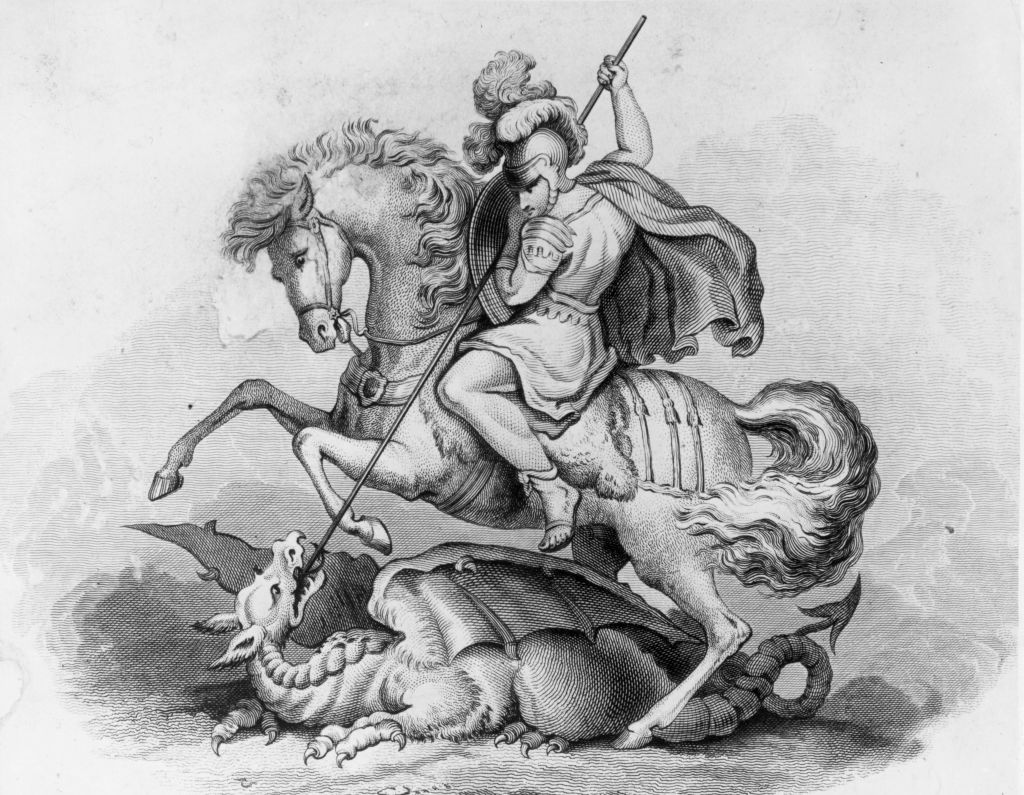 Alrededor del 300 d.C., San Jorge, santo patrón de Inglaterra y Portugal, matando al dragón. Obra de arte original: grabado del siglo XIX (Foto de Hulton Archive / Getty Images)