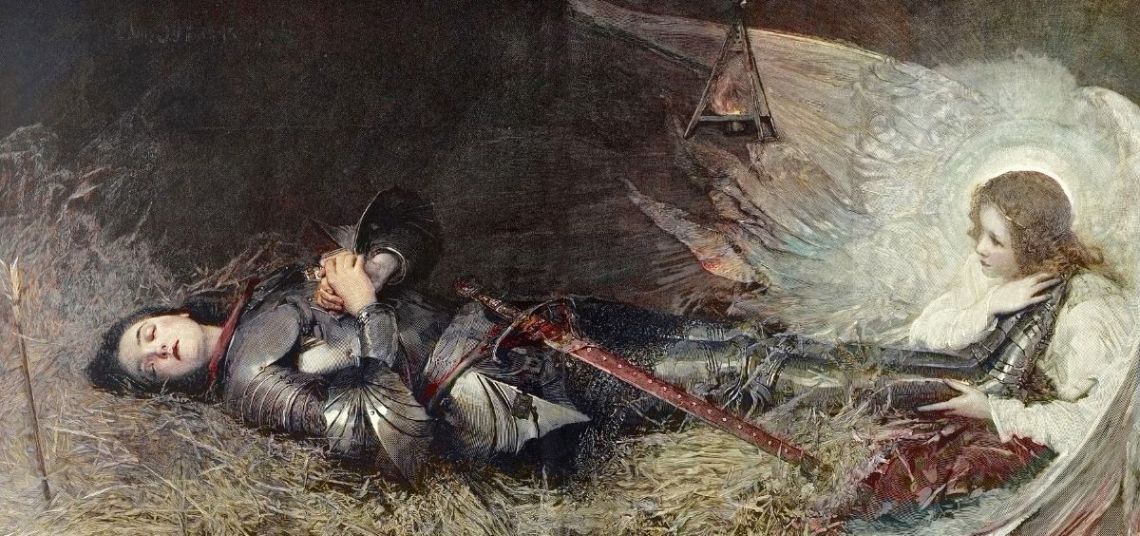 Juana durmiente de Arco, un ángel a sus pies. Ilustración