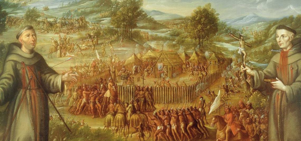 La destrucción de la misión de San Sabá en Texas y martirio del Padre Alonso Terreros . Mural atribuido a José de Paez