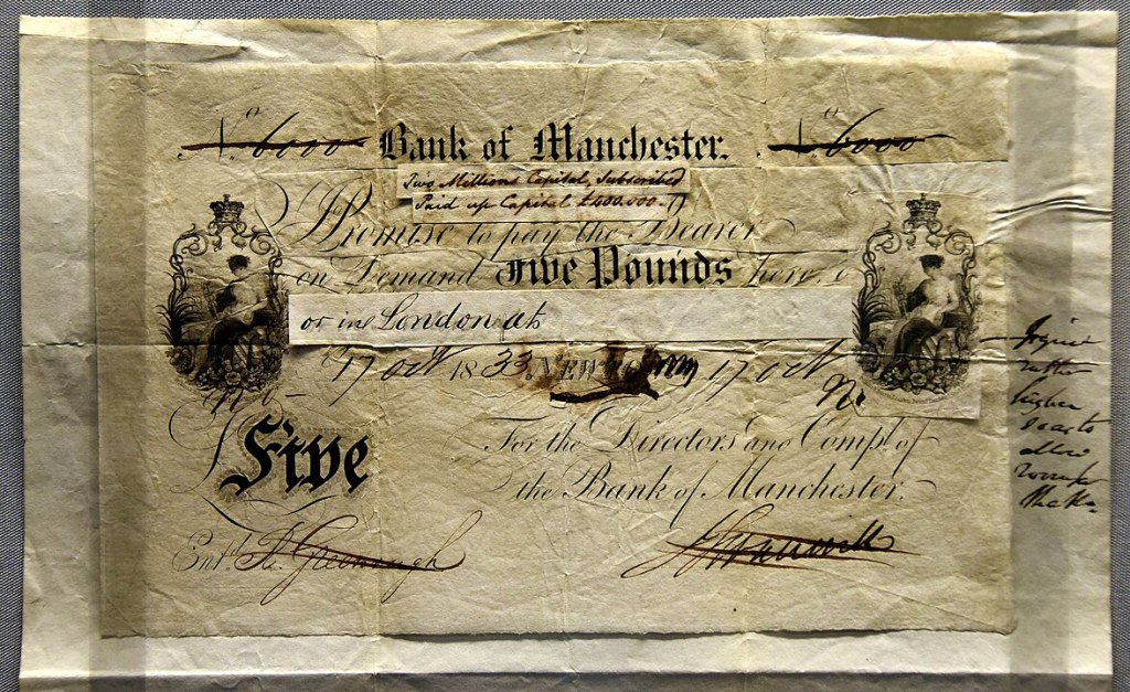 Invención del dinero. Collage para el diseño de un billete, Banco de Manchester, Reino Unido, 1833. Osama Shukir Muhammed Amin / Wikimedia Commons.