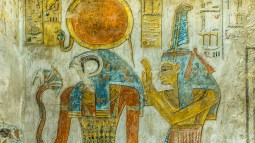Pintura egipcia con el dios Ra y Maat