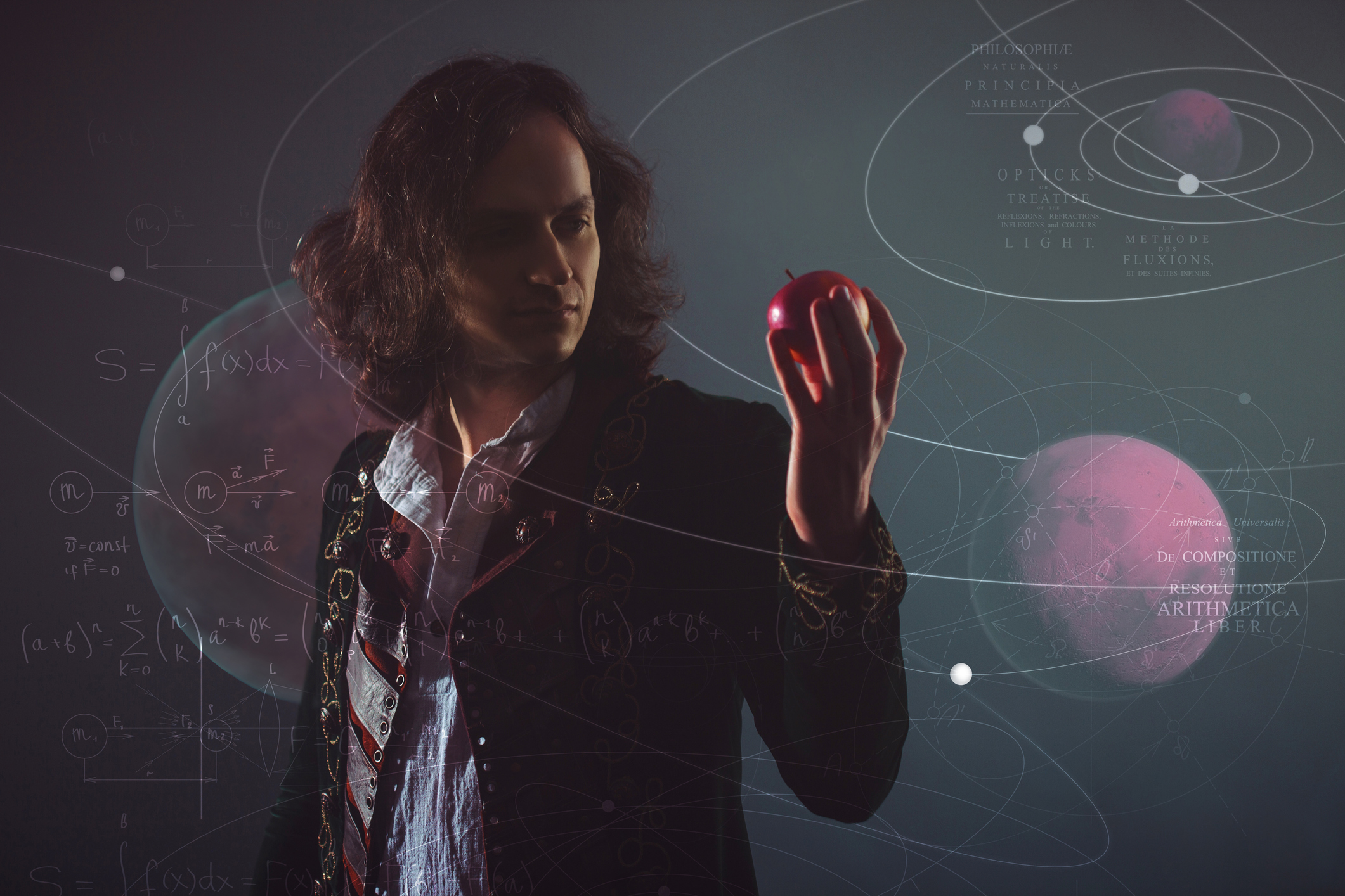 Recreación de Isaac Newton con una manzana