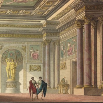 Acuarela que representa uno de los decorados creados para el ballet La vestal