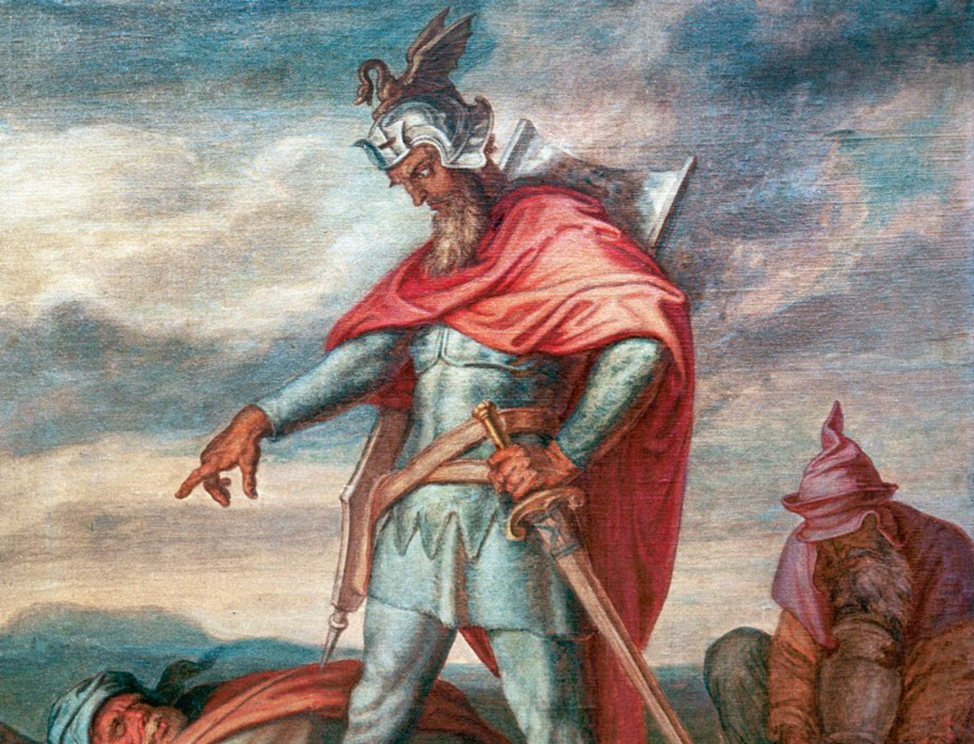 Gunther manda a Hagen que oculte el tesoro en el Rin (1859), por Peter von Cornelius
