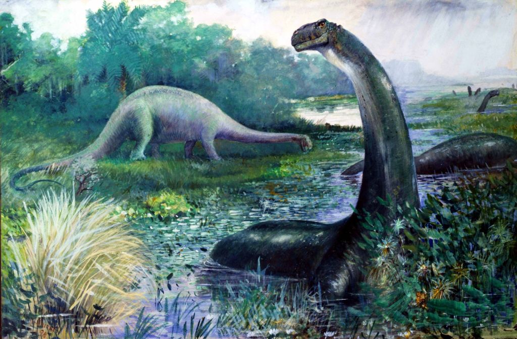 Recreación decimonónica de Apatosaurus y Diplodocus