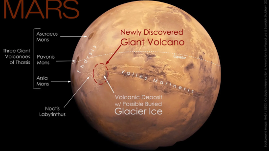Es un enorme volcán con hielo glaciar en la base