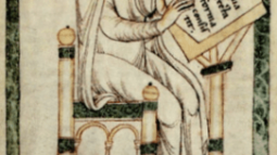 Miniatura del manuscrito Leiden con Hugo de San Víctor escribiendo su Didascalicon. Biblioteca de la Universidad de Leiden.