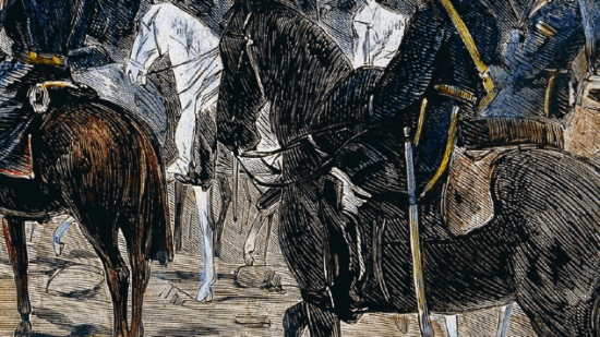 Versión coloreada del grabado Entrada en Cartagena en la sublevación cantonal de 1873, publicado en La Ilustración Española y Americana en 1874. El militar y político José López Domínguez va al frente de las tropas.