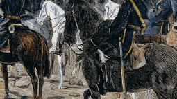 Versión coloreada del grabado Entrada en Cartagena en la sublevación cantonal de 1873, publicado en La Ilustración Española y Americana en 1874. El militar y político José López Domínguez va al frente de las tropas.