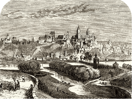 Grabado del siglo XIX de una vista general de Salamanca y el arroyo Zurguen.