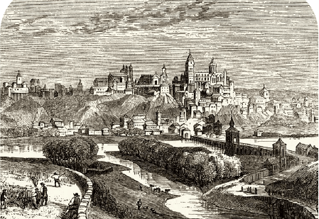 Grabado del siglo XIX de una vista general de Salamanca y el arroyo Zurguen.