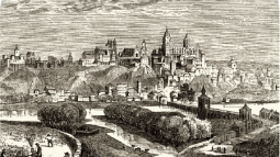 Grabado del siglo XIX de una vista general de Salamanca y el arroyo Zurguen.