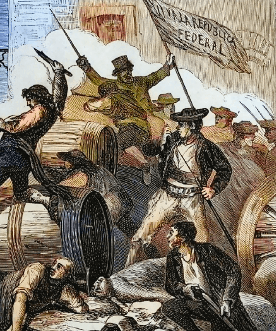 Ilustración a color basada en Horrorosa escena de un combate en las barricadas de Jerez, de Valeriano Domínguez Bécquer.