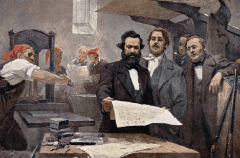 Ilustración de Carl Marx en la imprenta de La Gaceta Renana