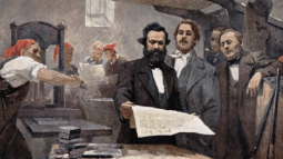 Ilustración de Carl Marx en la imprenta de La Gaceta Renana