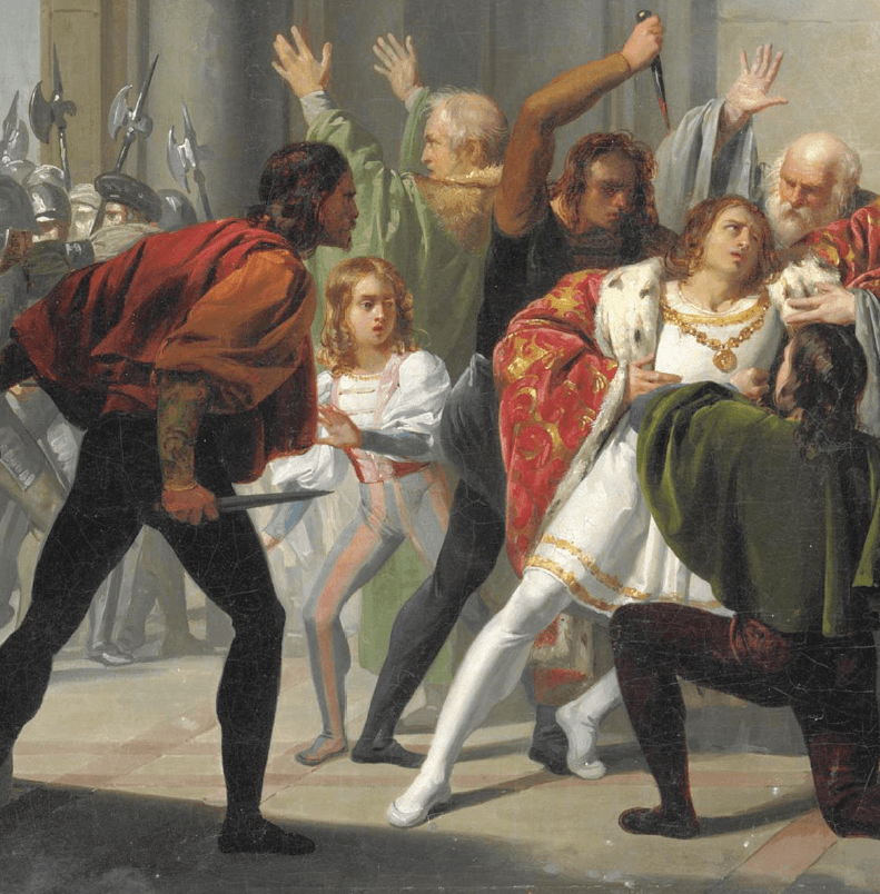 En el cuadro se representa el apuñalamiento de Lorenzo de Médici, que sobrevivió al ataque