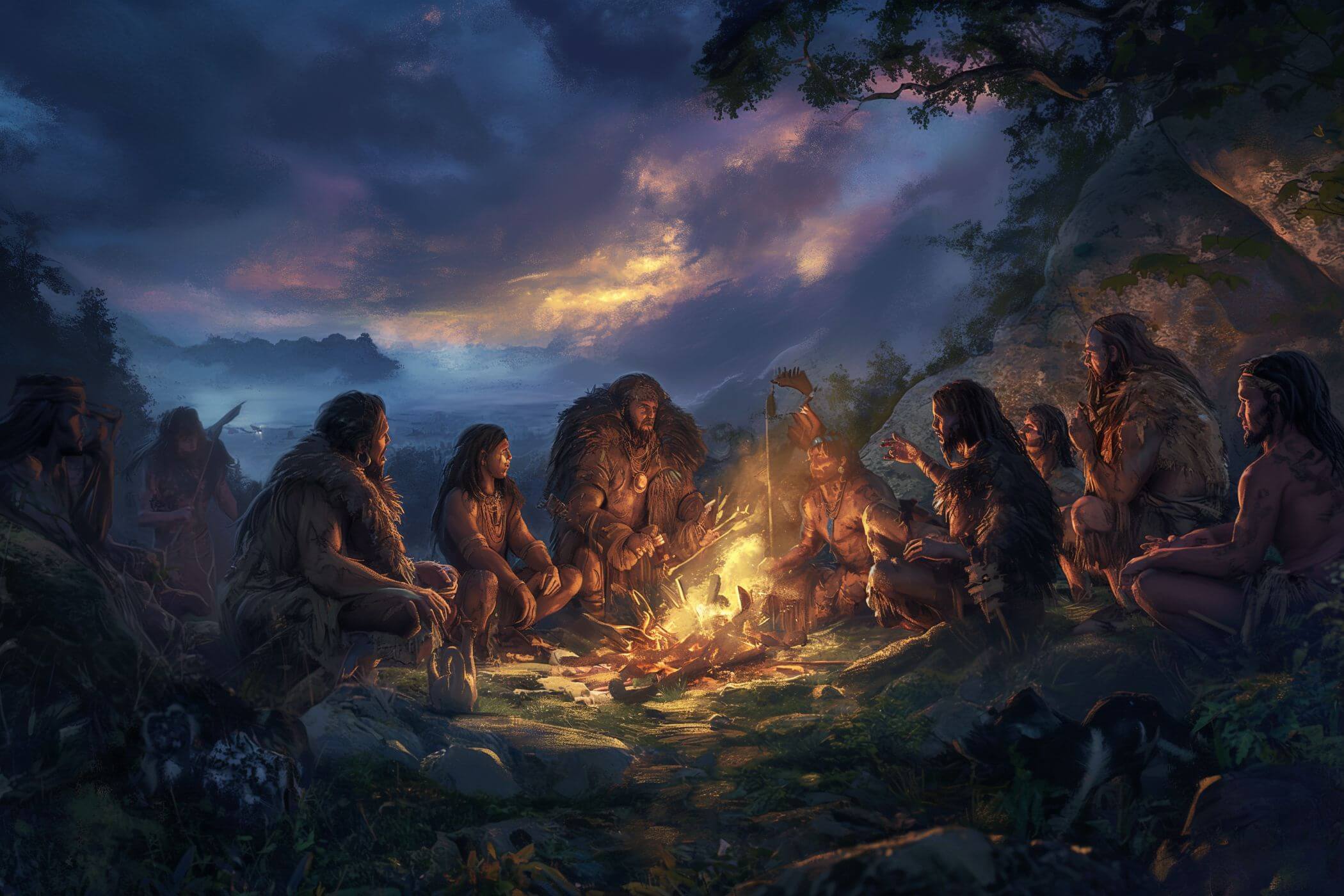 Recreación de tribu prehistórica junto al fuego
