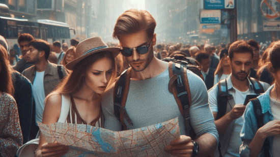 Pareja de turistas perdidos en la ciudad