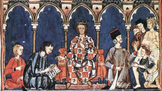Iluminación que muestra a Alfonso X con los miembros de su corte