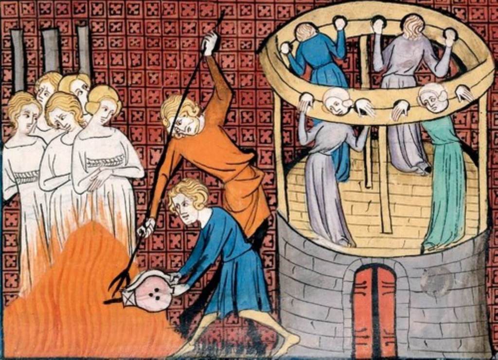 Iluminación medieval con tortura y ajusticiamiento de brujas y herejes