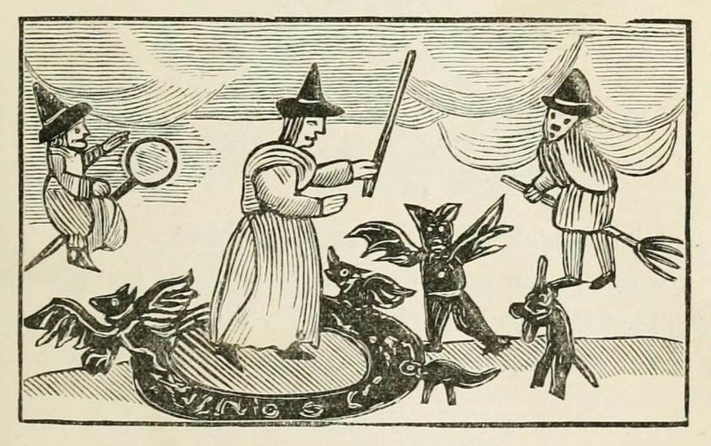 Grabado con bruja invocando diablos.