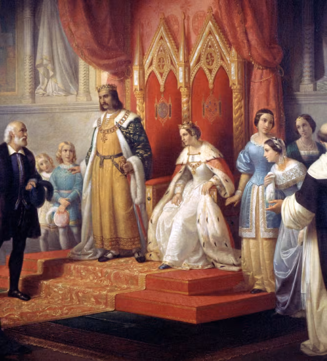 Colón fue el artífice del descubrimiento del Nuevo Mundo, pero no habría podido enfrentarse a tal empresa sin la ayuda de los Reyes Católicos. En el cuadro, estos lo reciben a su regreso