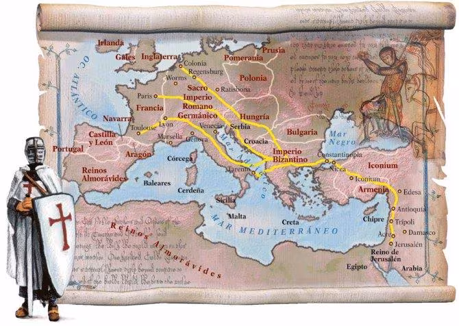 En el mapa se señalan las rutas que siguieron los caballeros hacia Tierra Santa durante la Primera Cruzada