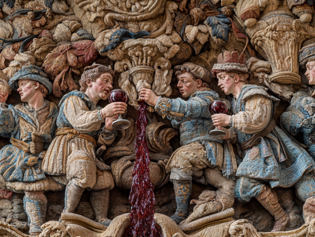 El vino especiado, como el hipocrás, era una de las delicias más apreciadas en los banquetes reales, donde fuentes de vino simbolizaban la riqueza y el estatus de los anfitriones. Fuente: Midjourney / Álvaro R. de la Rubia