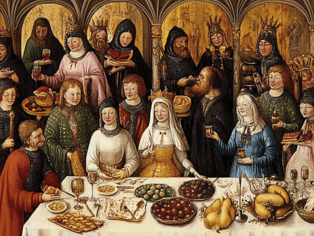 La disposición de los asientos en los banquetes medievales era un reflejo de la jerarquía social, donde los nobles más influyentes ocupaban lugares privilegiados. Fuente: Midjourney / Álvaro R. de la Rubia