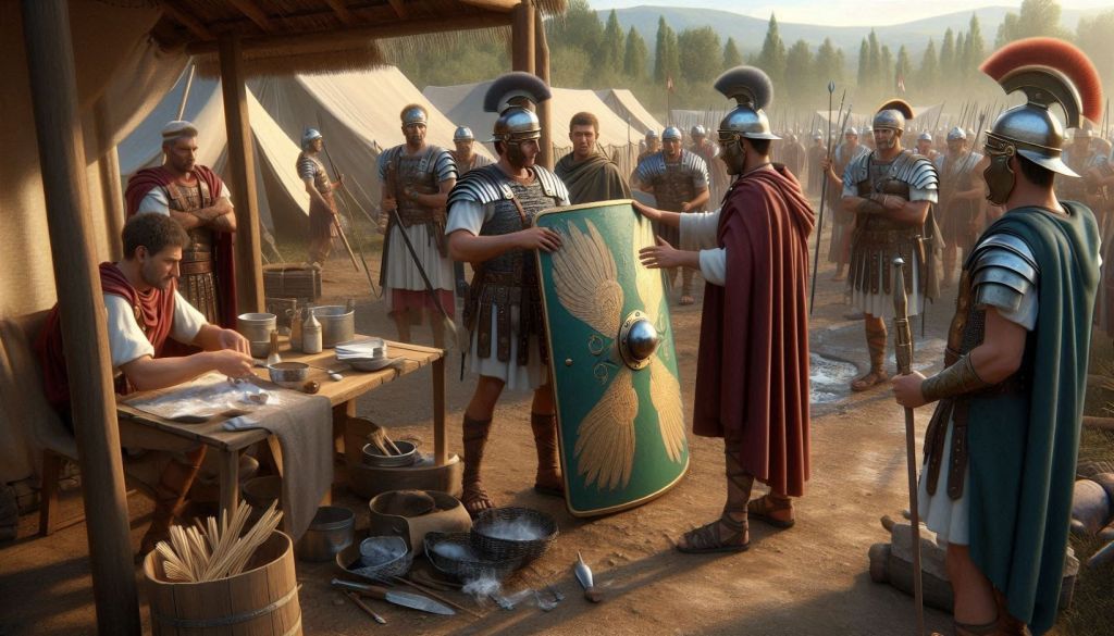 Soldados en un campamento militar romano, recreación fantasiosa