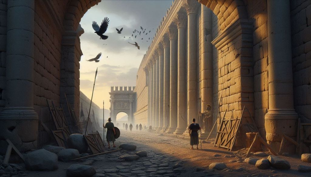 Recreación fantástica con soldados romanos apostados juntos a murallas y puerta de entrada
