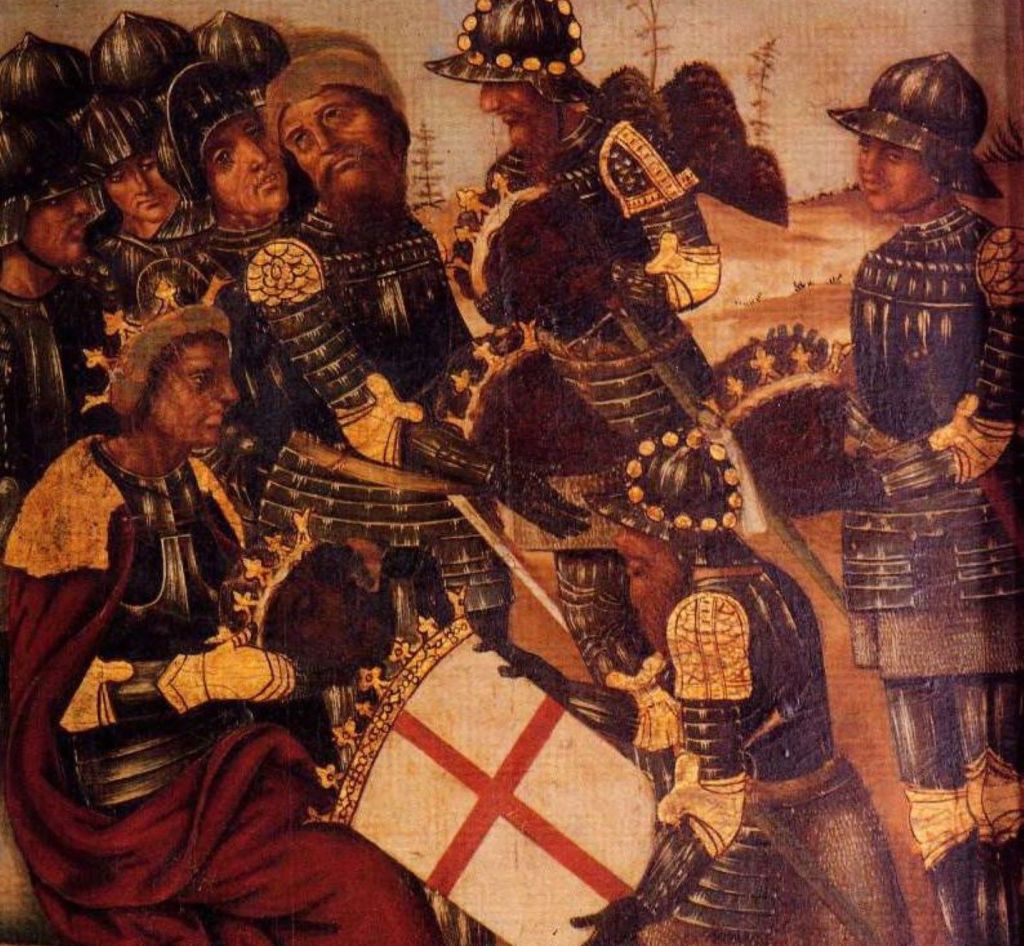 Pedro I en la batalla de Alcoraz recibiendo un escudo