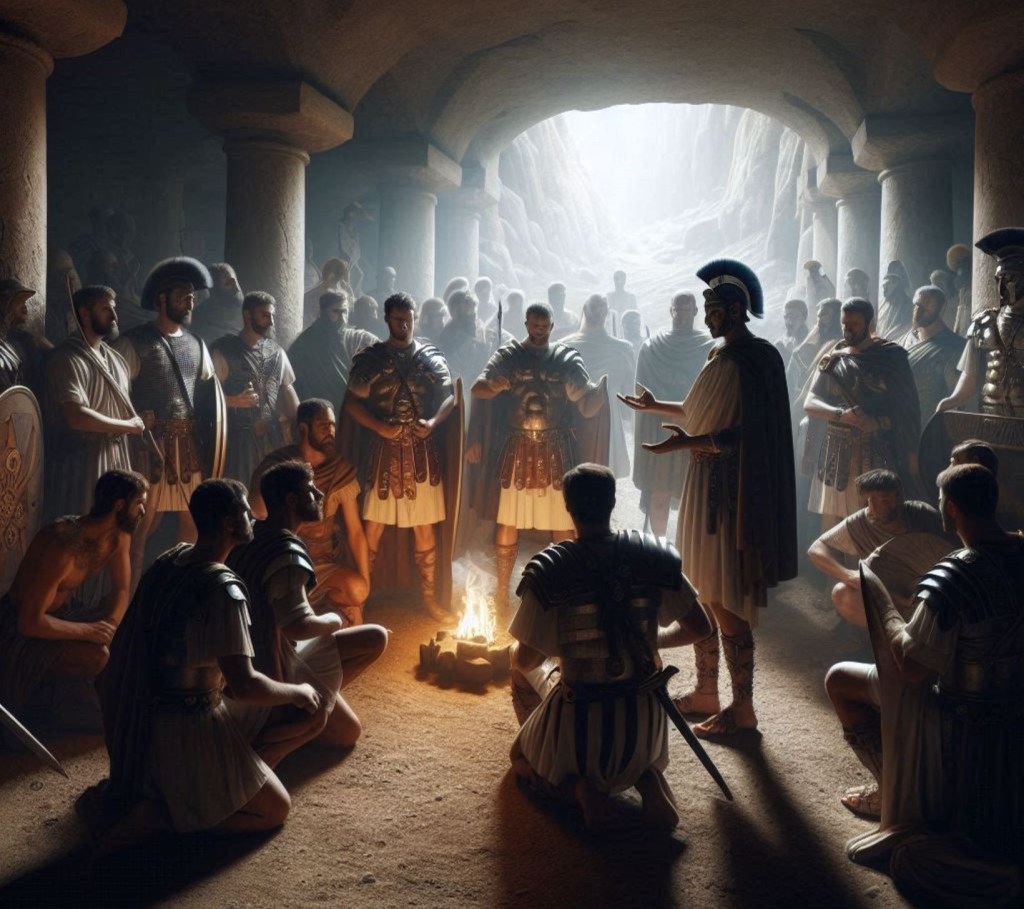 Rcreación fantástica de un grupo de soldados romanos en un mitreo
