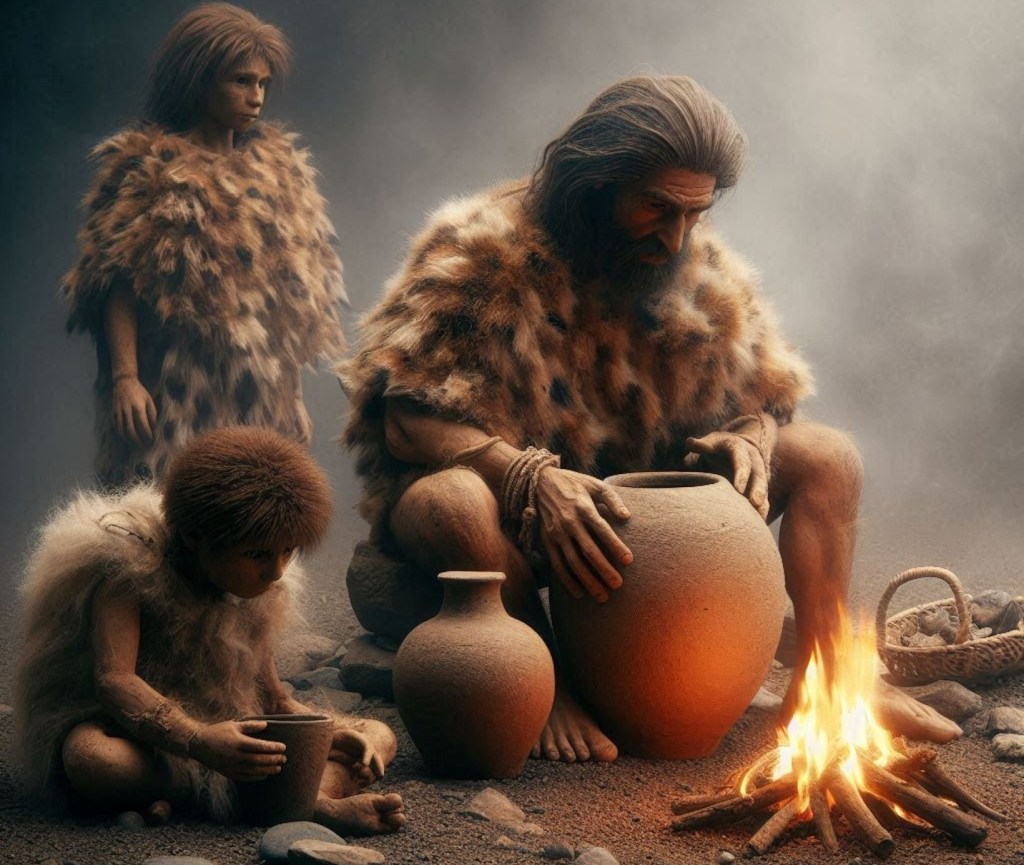 Recreación ficticia de una grupo humano prehistórico elaborando cerámica