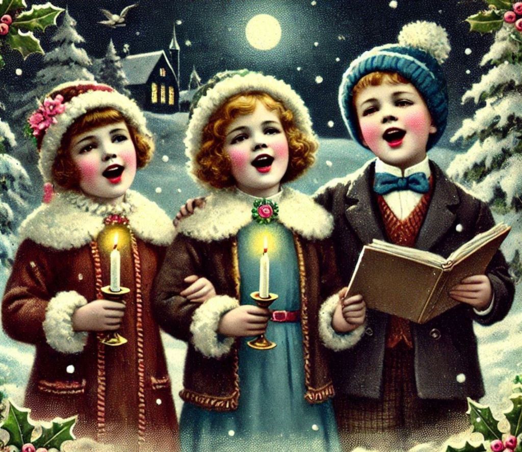 Imagen vintage de niños cantando villancicos