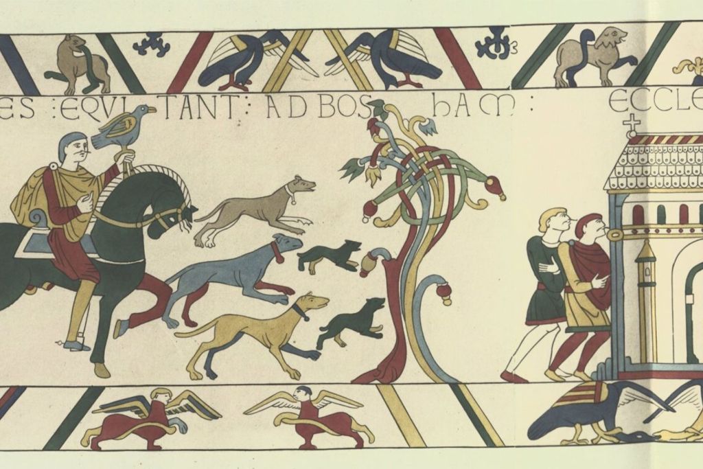 Escena del tapiz de Bayeux en la que el rey Harold cabalga hacia Bosham, donde participa en un banquete y visita la iglesia antes de su viaje a Francia