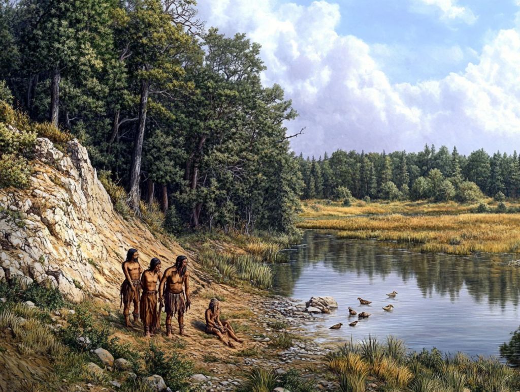 Recreación ficticia de un grupo paleolítico junto a un lago