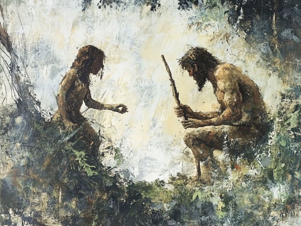 Interpretación artística de dos individuos del Paleolítico