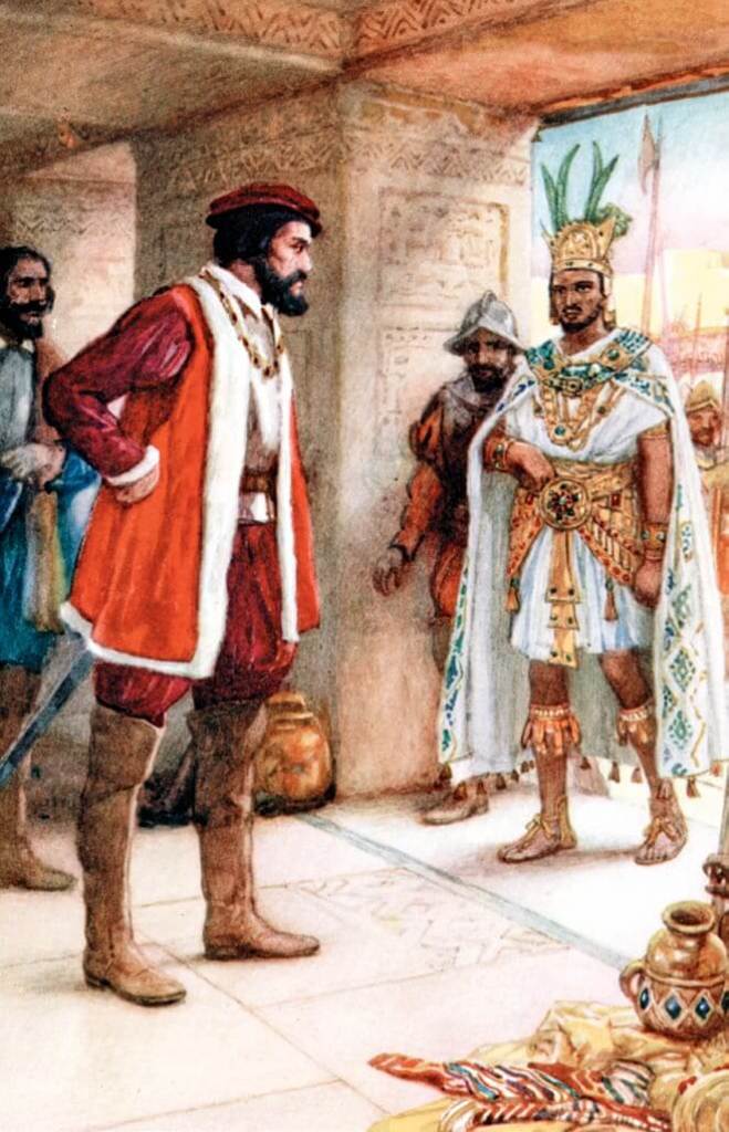 lustración del encuentro entre Hernán Cortés y Moctezuma