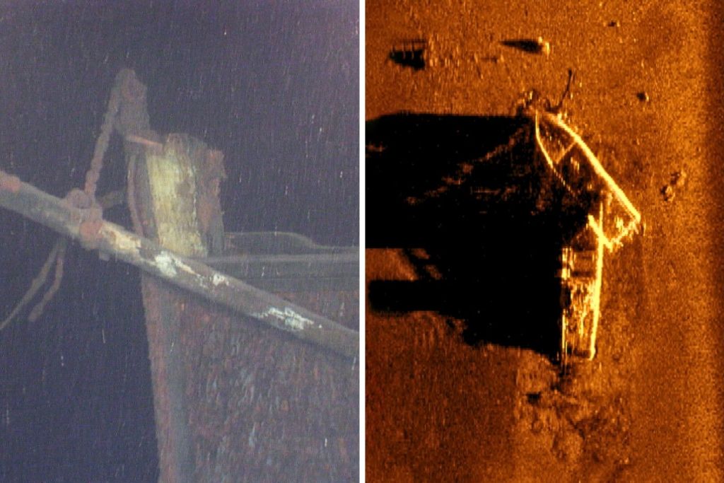 El sonar de barrido lateral mostró que una parte del barco descansa directamente sobre la otra en el fondo del lago