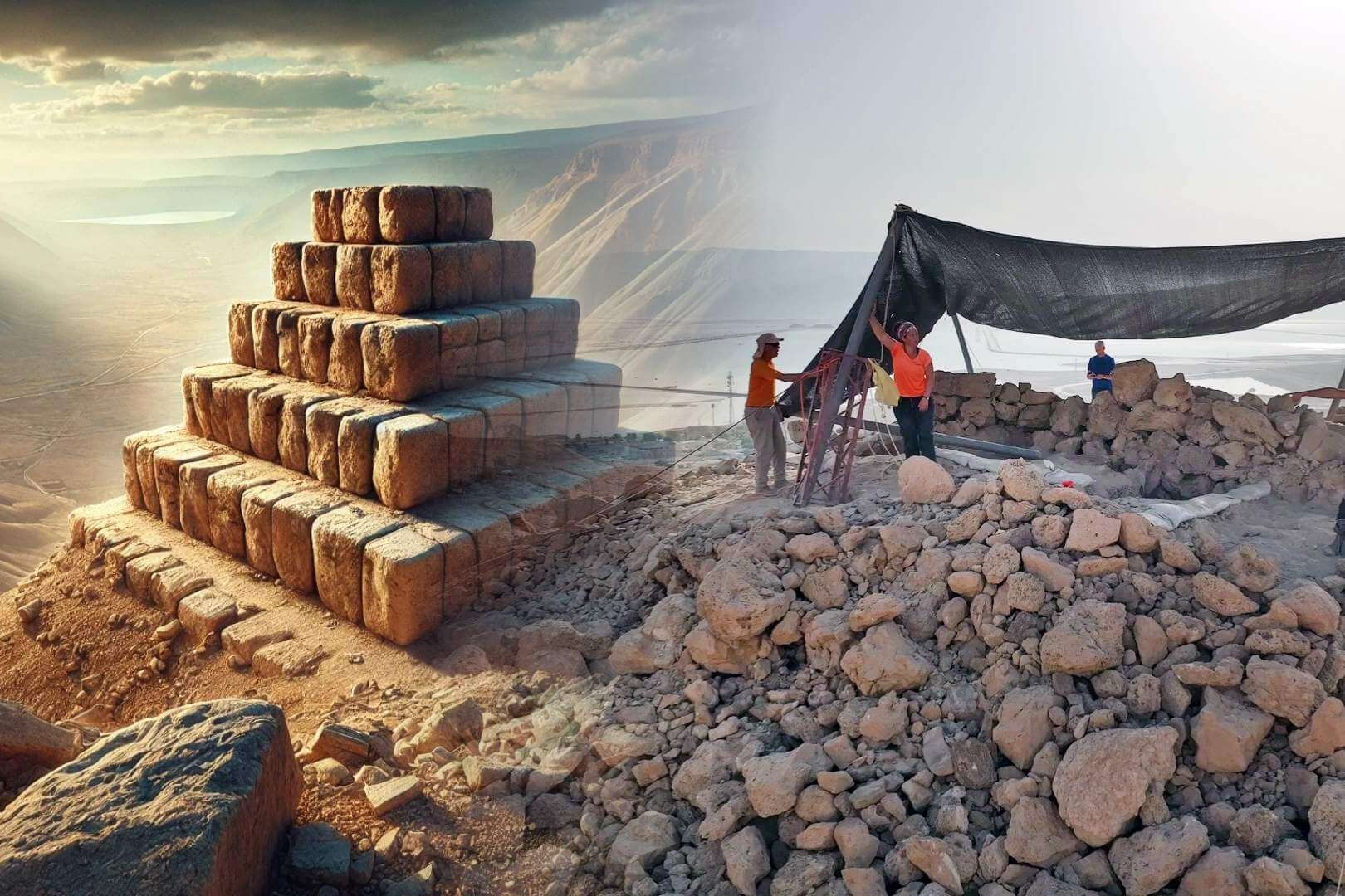 Reconstrucción artística y vista real de la excavación en Nahal Zohar, donde arqueólogos israelíes desentierran una estructura helenística de 2.200 años, en lo alto del desierto junto al mar Muerto