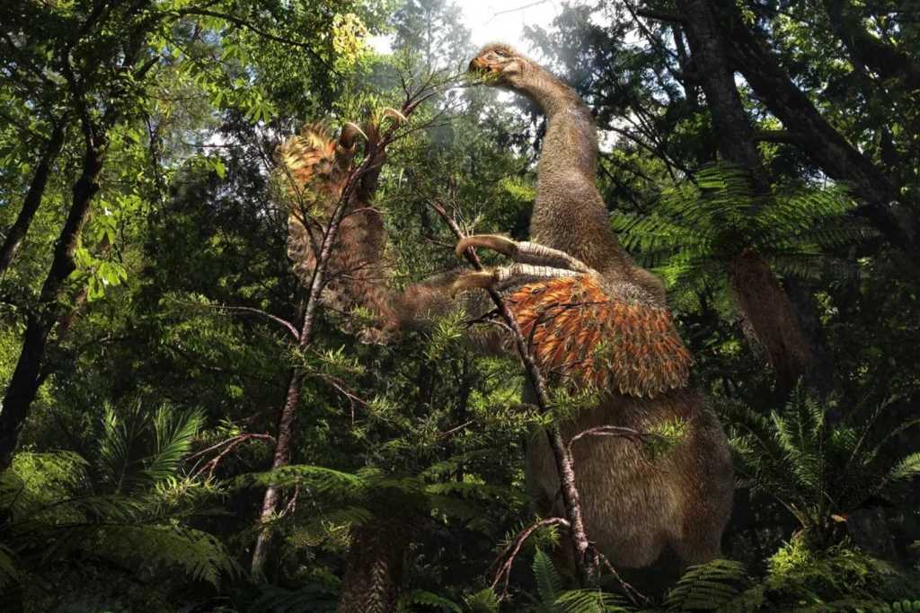 Recreación artística de cómo habría sido Duonychus tsogtbaatari en vida, utilizando sus enormes garras para atraer ramas hacia su hocico