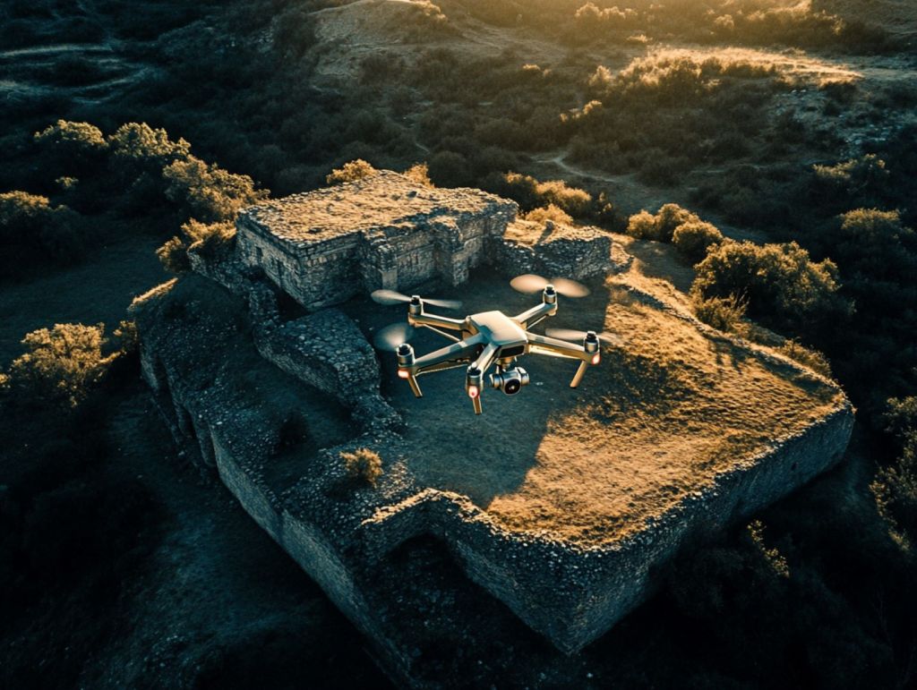 Recreación ficticia de un dron sobre un yacimiento arqueológico.