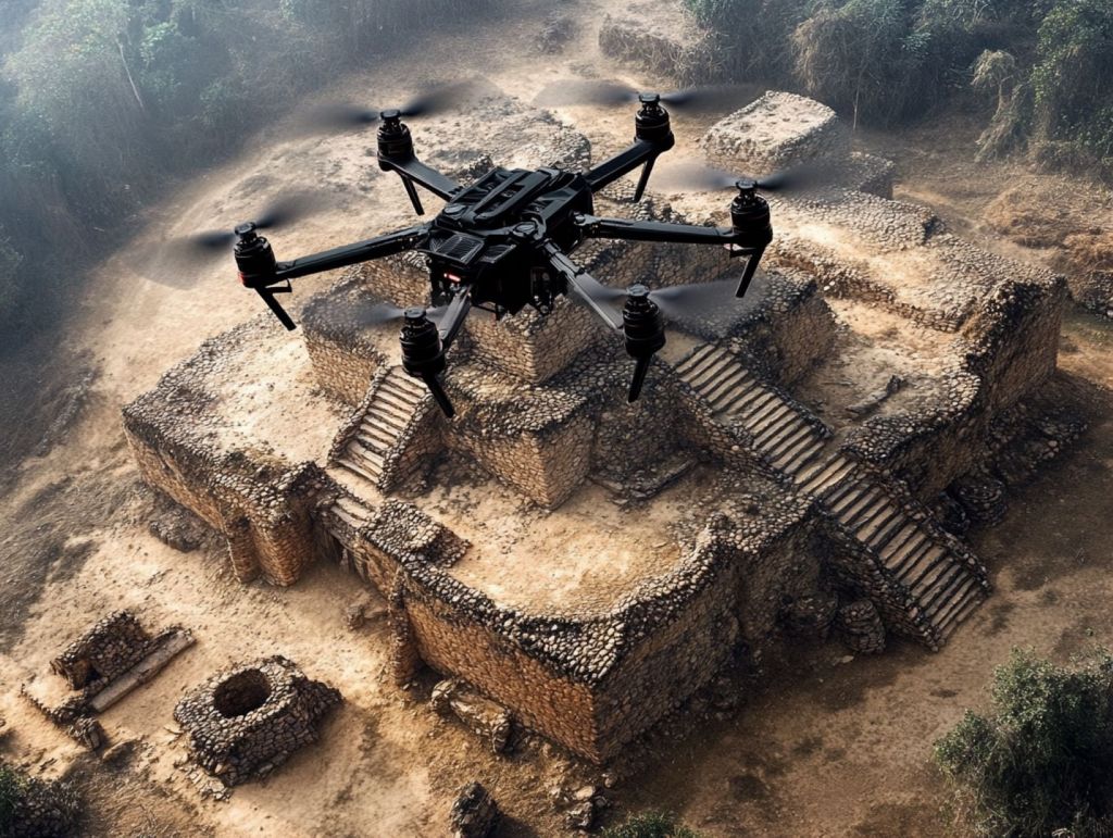 Recreación ficticia de un dron sobrevolando un yacimiento